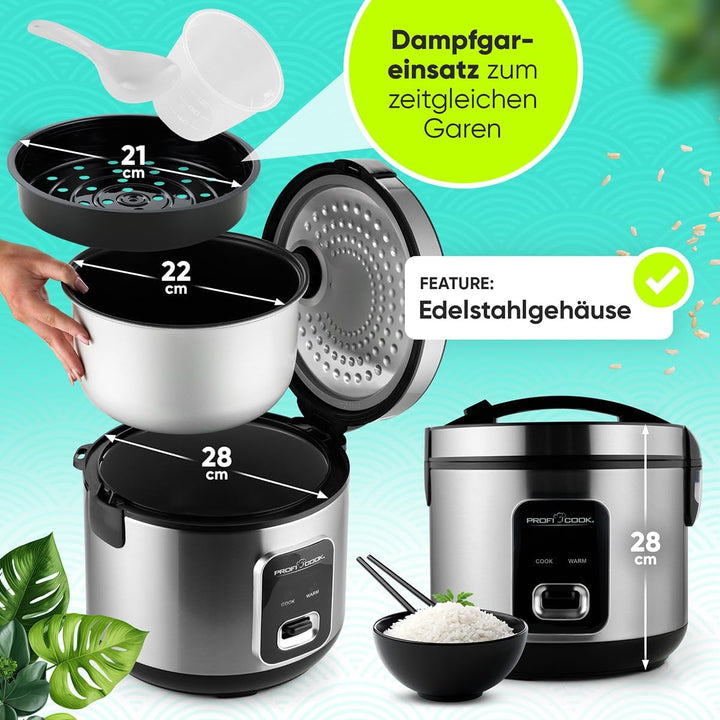 ProfiCook® Reiskocher für 3kg Reis | schnelle Zubereitung ohne Anbrennen | Warmhaltefunktion | inkl.
