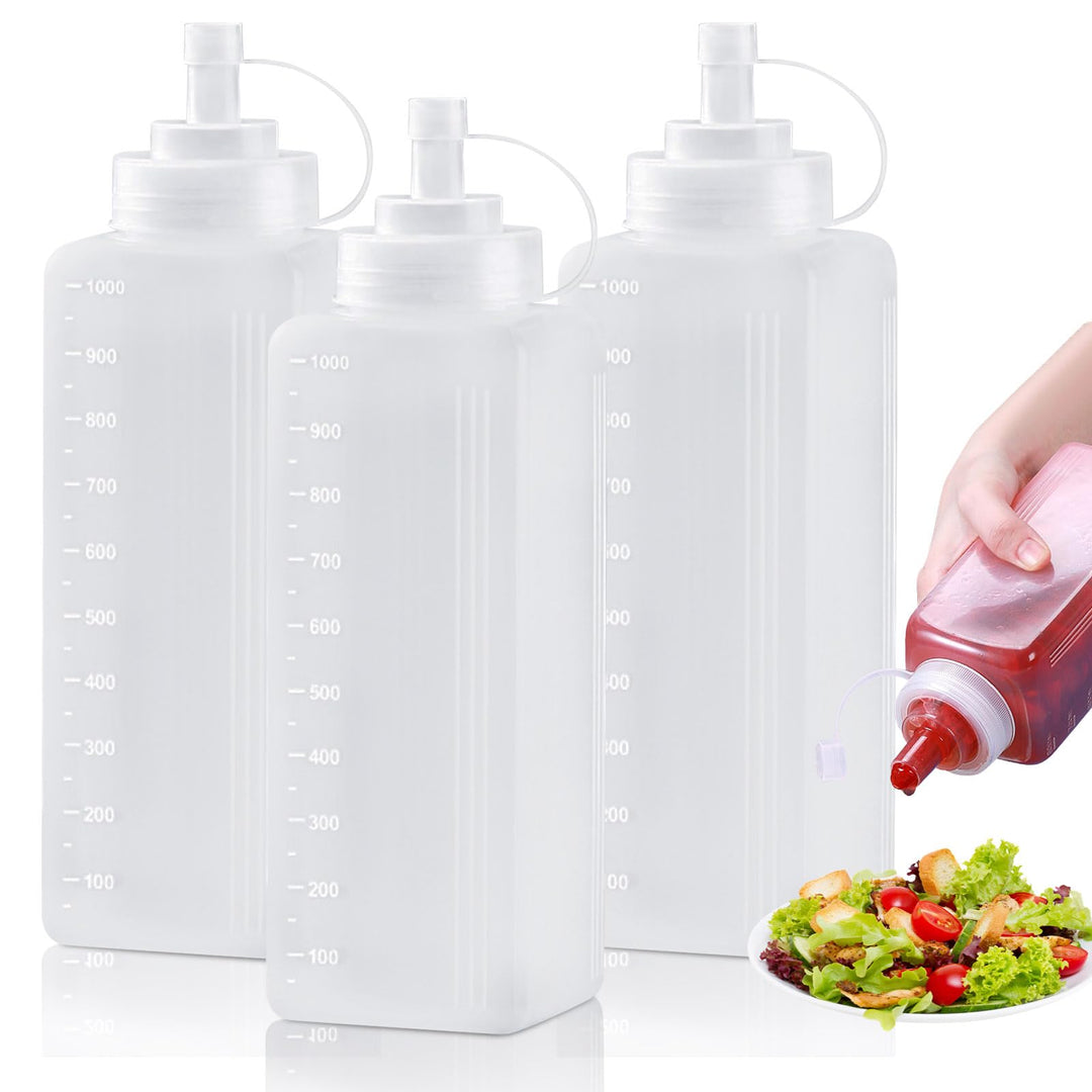 3 Stück Squeeze Flasche, 1000ml Quetschflasche mit Kappen, Squeeze Condiment Flaschen, Dosierflasche
