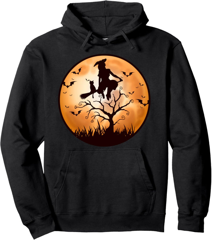 Halloween, für Frauen, Hexe und Katze auf Besen, Fledermäuse, Mond Pullover Hoodie