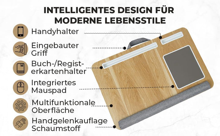 Laptopkissen für Bett &amp; Sofa – Knietablett mit Kissen, Handyhalter &amp; Handgelenkauflage – Passend bis