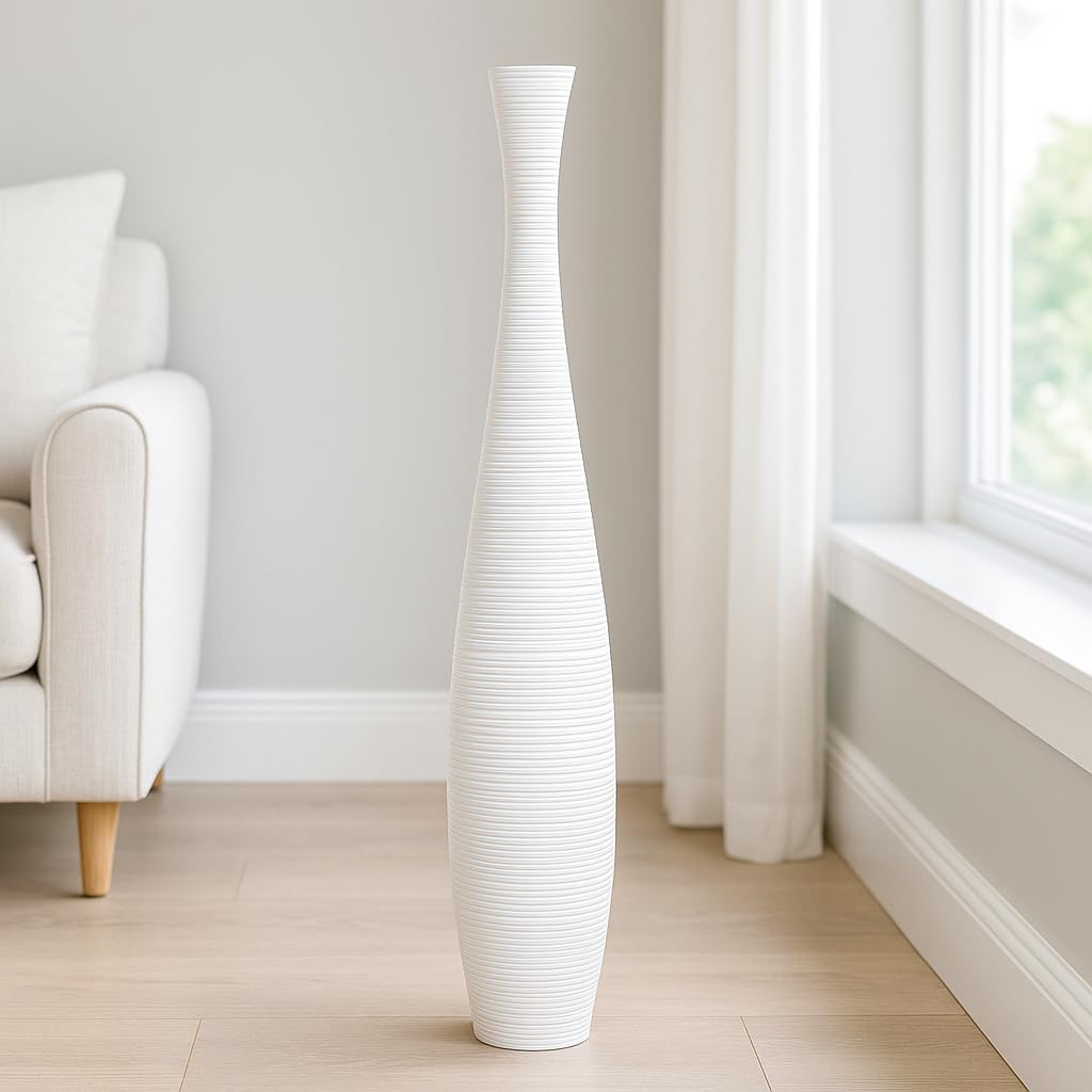 Leewadee Grosse Bodenvase für Dekozweige hohe Standvase Design Holzvase, Holz, 70 cm, Weiss 70 cm We