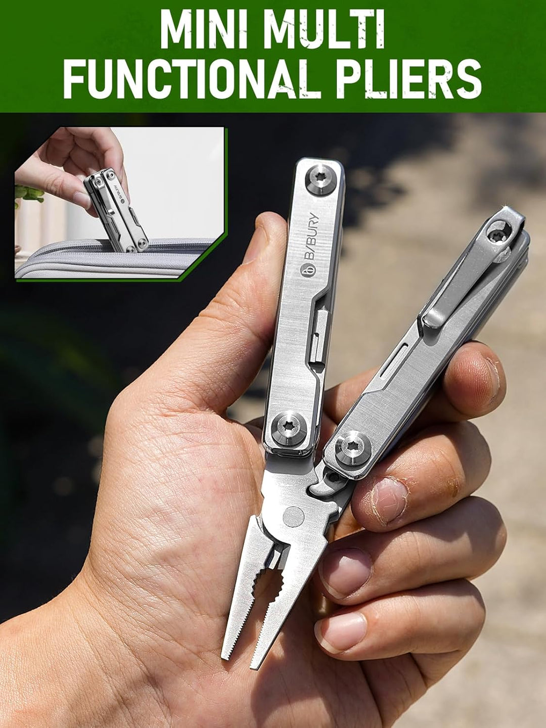 BIBURY Mini Multitool Zange Mit Unsichtbare Pinzette, 10 in 1 EDC Multi Tool Mit Glasbrecher Rückenc