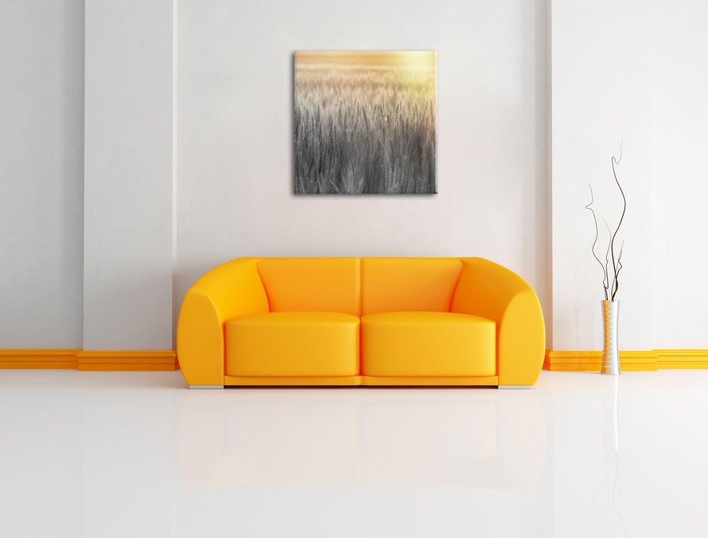 Pixxprint Romantisches Getreidefeld bei Sonnenuntergang schwarz/weiss, Format: 70x70 auf Leinwand, 7