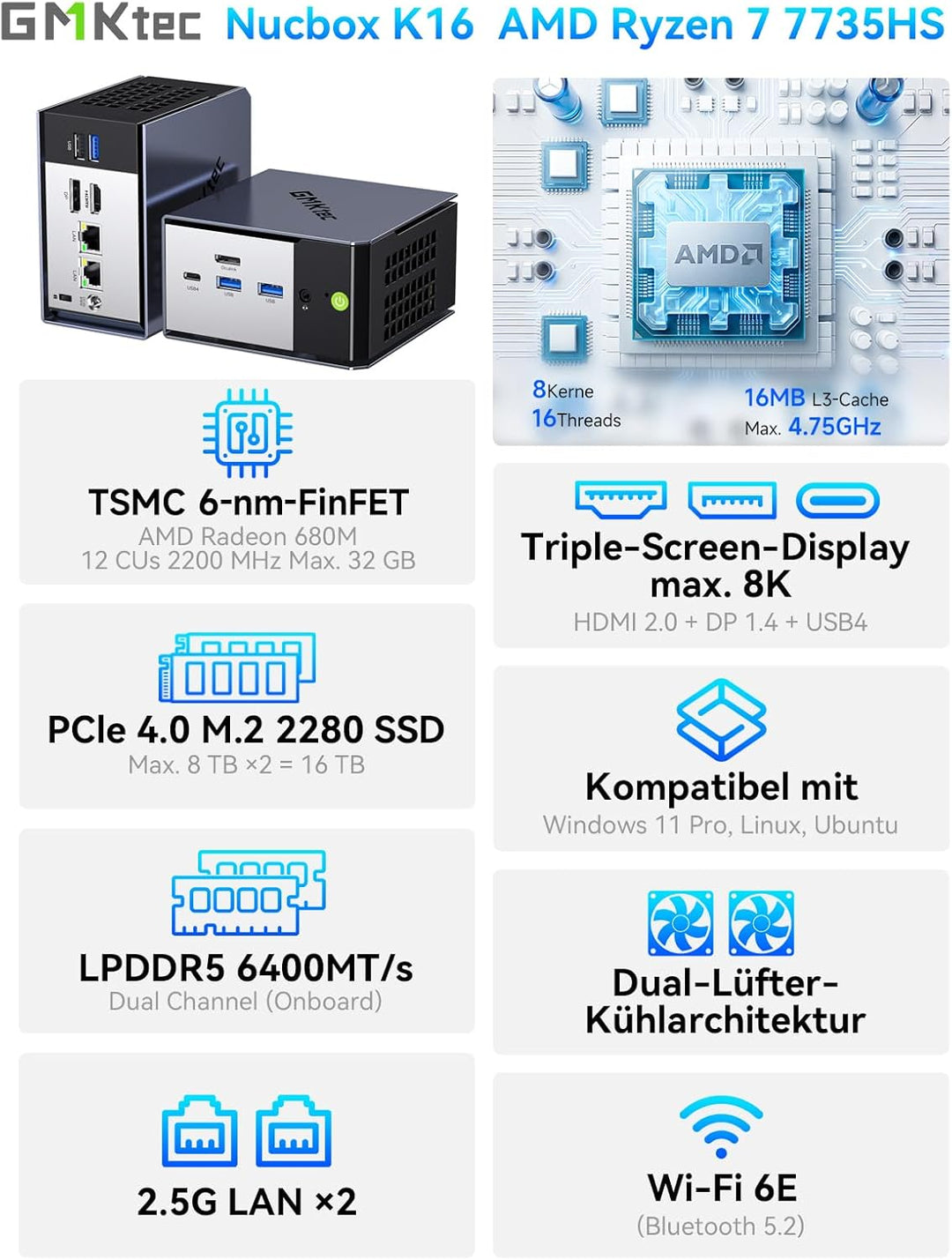 GMKtec K16 Mini PC AMD Ryzen 7 7735HS(8K/16T Bis zu 4.75GHz) Micro PC mit 32GB DDR5 6400, 512GB PCIe