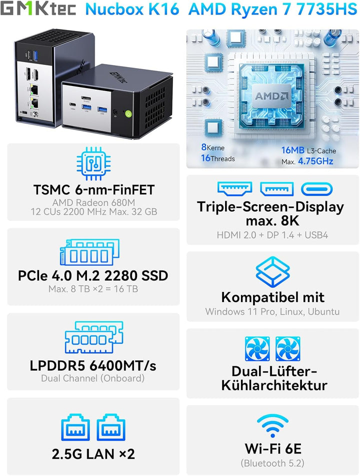 GMKtec K16 Mini PC AMD Ryzen 7 7735HS(8K/16T Bis zu 4.75GHz) Micro PC mit 32GB DDR5 6400, 512GB PCIe