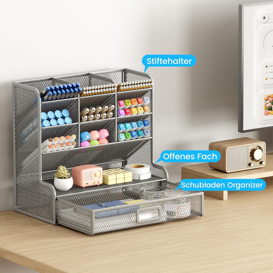VITVITI Schreibtisch Organizer, 9 Fächer Stiftehalter mit Schublade, Netz Stifte Regal aus Metall, S