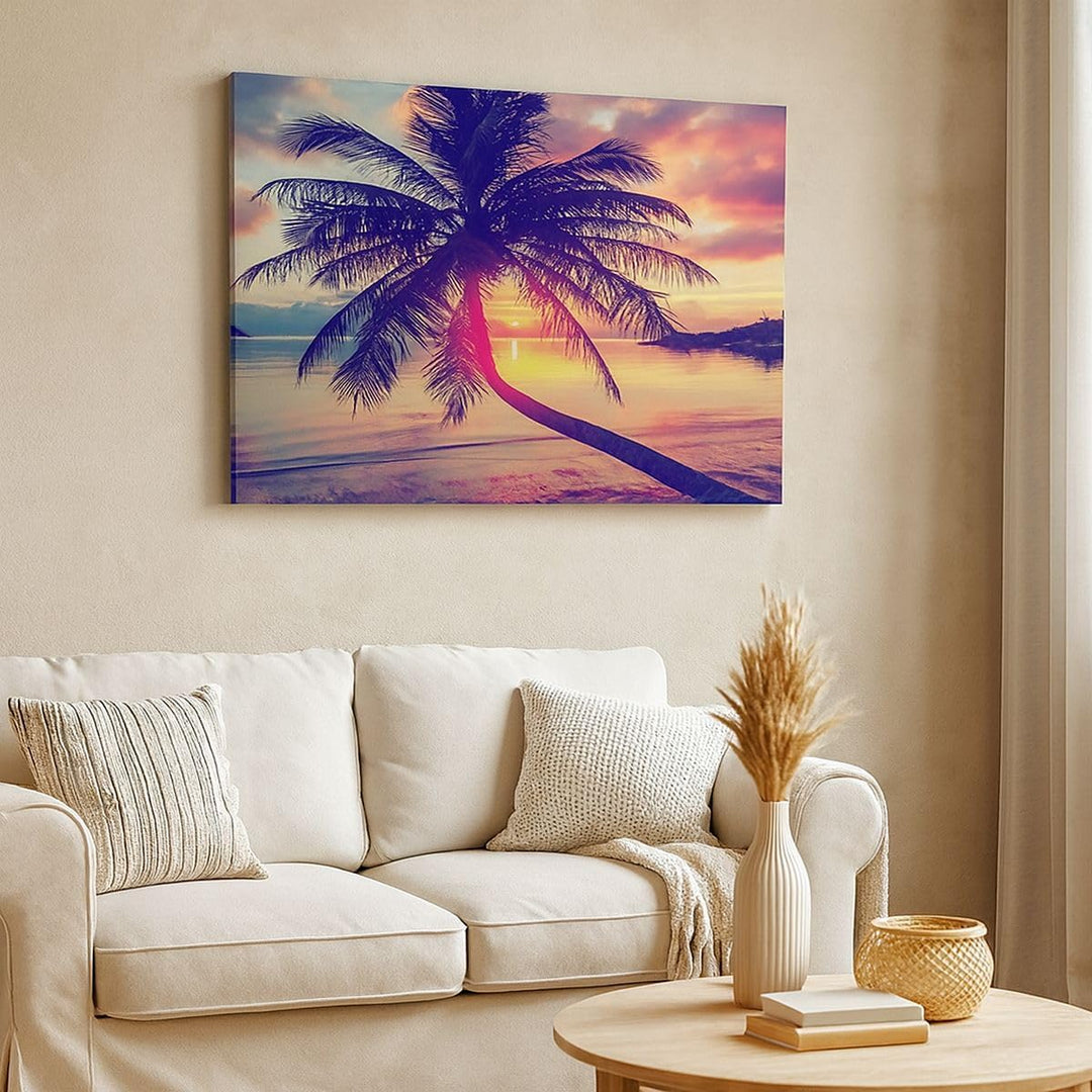 Bilder auf Leinwand 100x70cm Leinwandbild mit Rahmen Meer Strand Palme Gross Wanddeko Bild Schlafzim