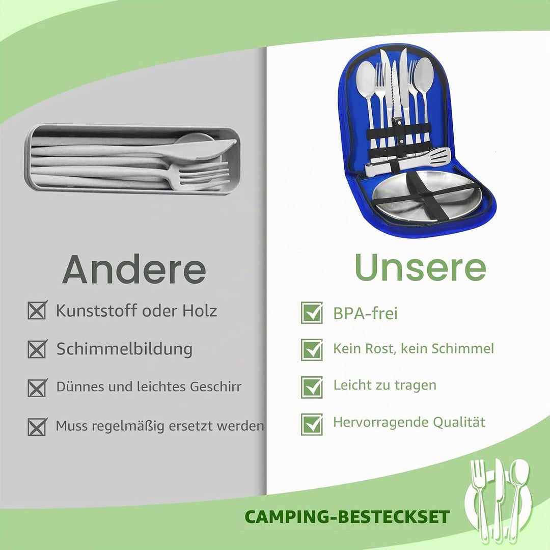 Camping Geschirr 2/4 Personen, 11/21PCS Camping Zubehör Camping Besteck Set Edelstahl Picknick Zubeh