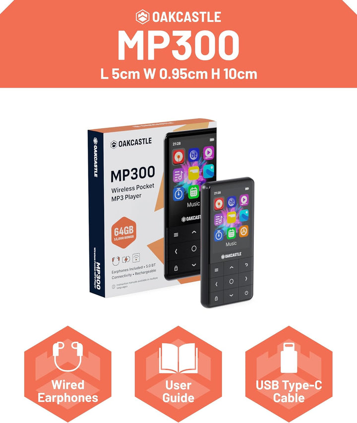 MP3-Player mit Bluetooth | MP3-Player mit 16 GB internem Speicher, erweiterbar auf 128 GB | Schnelll