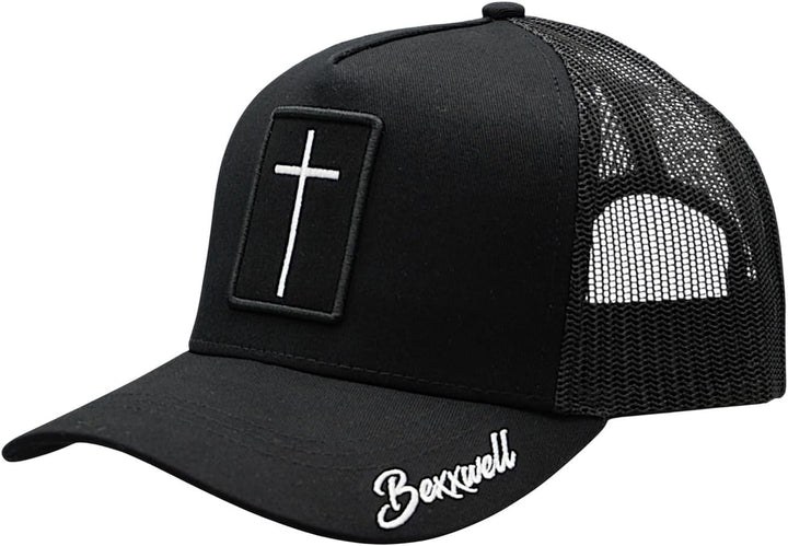 Bexxwell Trucker Cap schwarz mit Kreuz-Patch (optimale Passform, Kappe, Black, Truckercap, Cross, Ca
