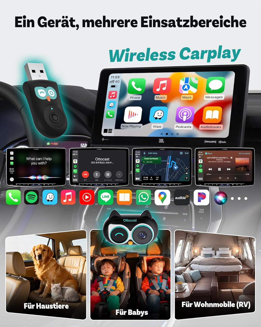 OTTOCAST Cabin Care 2026, 2-in-1 Wireless CarPlay Adapter & Baby Auto Kamera, 1080P HD Rücksitzüberw