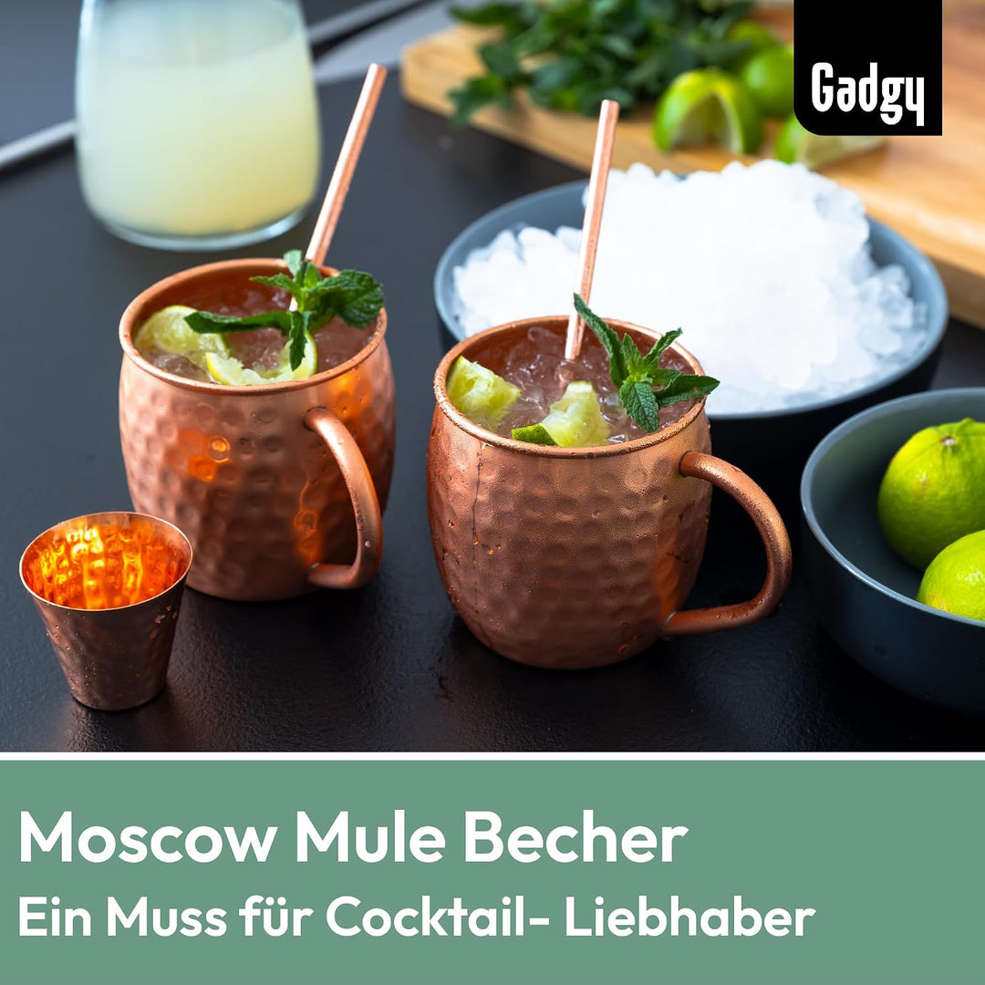 Gadgy Moscow Mule Becher Set aus Kupfer – 2 Handgefertigte Kupferbecher + 2 Strohhalme + Barmass – C