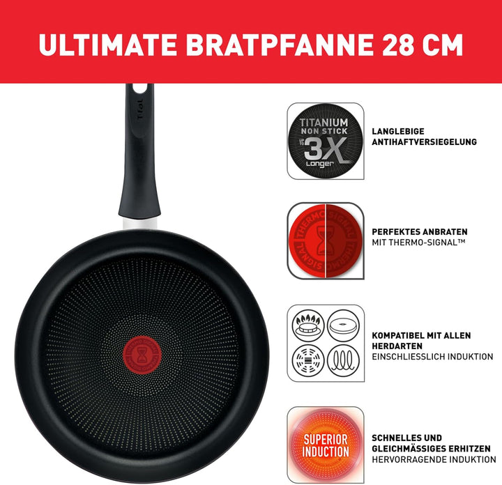Tefal Ultimate On Bratpfanne 28 cm hoher Rand, Pfanne Induktion mit Titan Antihaftversiegelung, Ther