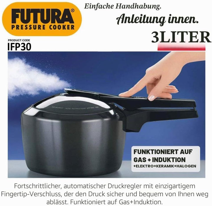 Futura Hawkins Schnellkochtopf, 3 l, harteloxiert, Induktionsgeeignet, klein, Schwarz 3-Litre, 3-Lit