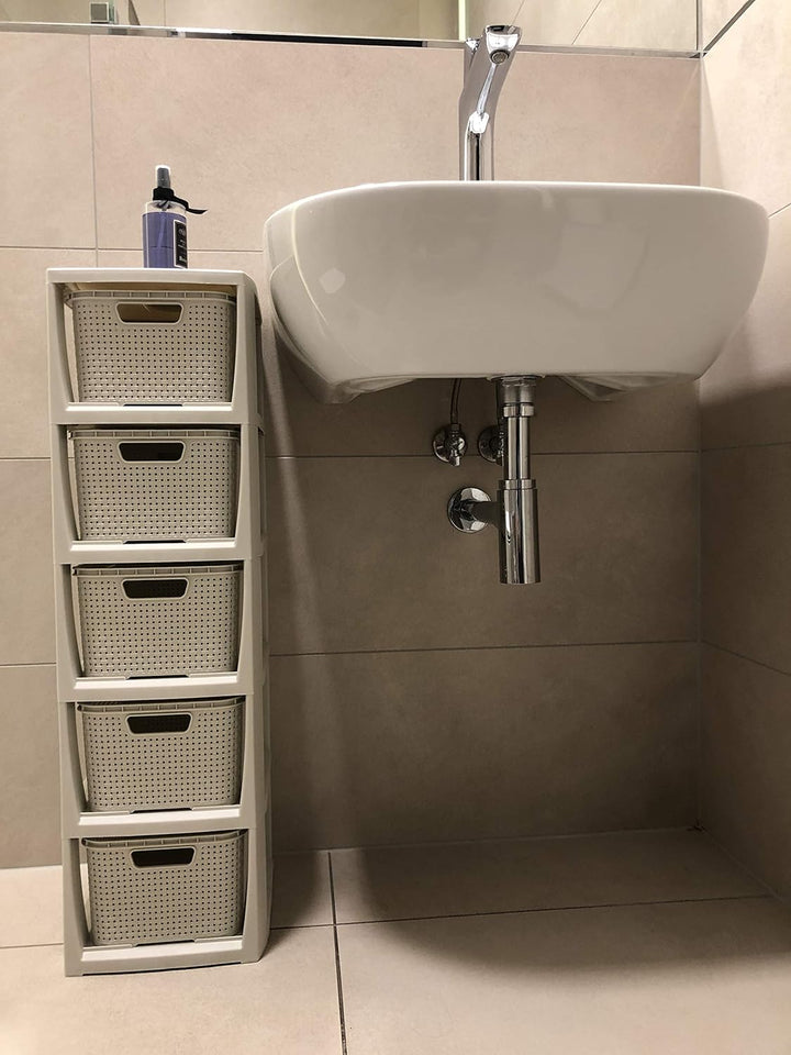 BranQ - Home essential Regal in Rattan Design, Creme, 5 Körben 5 Körben Creme, 5 Körben Creme