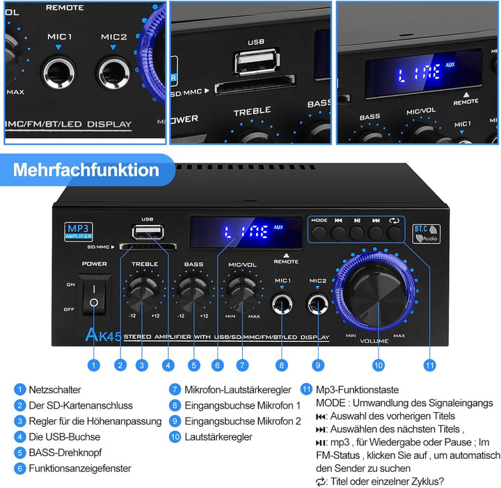 HiFi Verstärker mit Bluetooth, Mini Stereo Audio Amplifier Anlage 2.0 Kanäle 400W X 2 Endverstärker