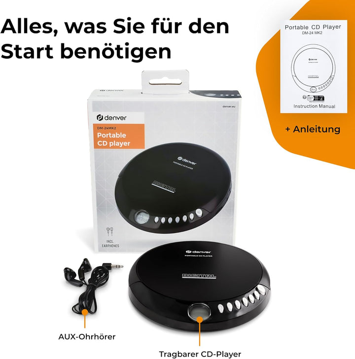 Denver DM-24 Discman, Schwarz ohne Anti-Schock Single, ohne Anti-Schock Single