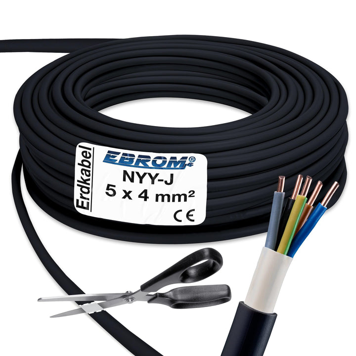EBROM Erdkabel NYY-J 5x4 mm² - Starkstromkabel - PVC Erdleitung - schwarz - Meterware auf den Meter