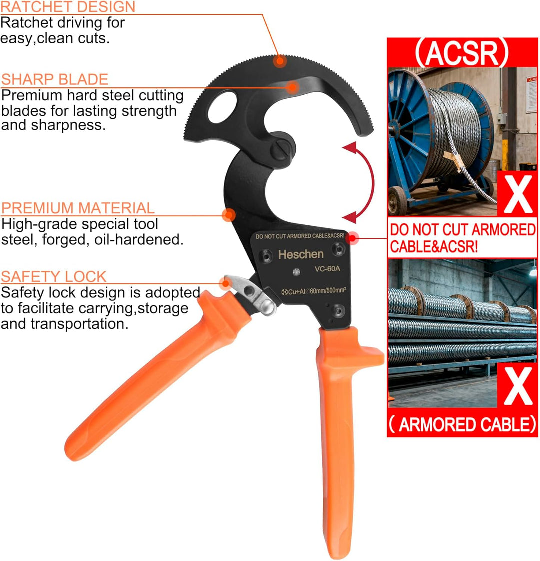 Heschen Ratschen-Kabelschneider VC-60A für 60 mm/500 mm² Abisolierzange, Hand-Crimpzange