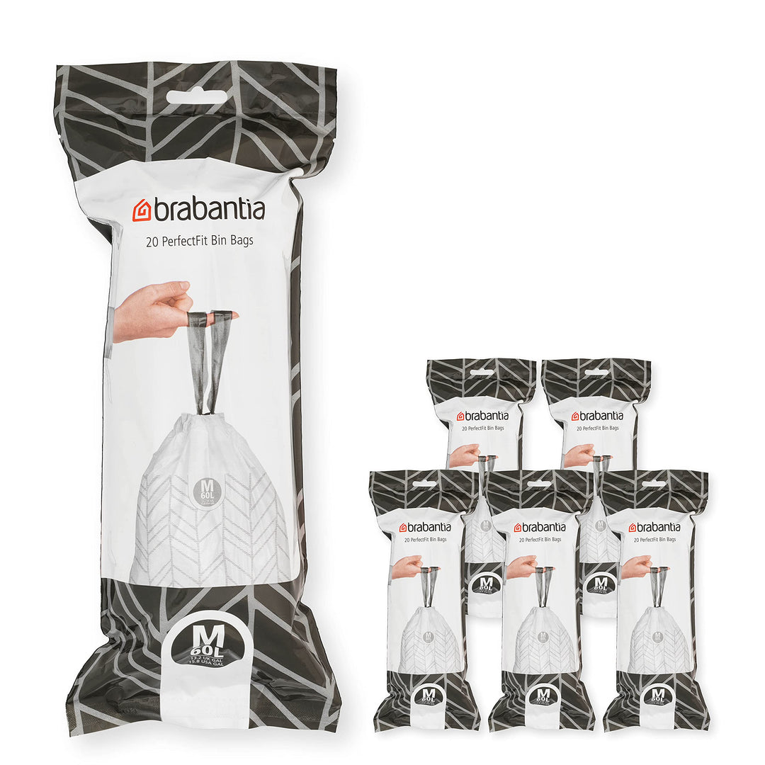 Brabantia Müllbeutel PerfectFit Multipack (Code M - 60L) Extra Starke Müllsäcke mit Zugband, 6 rolle