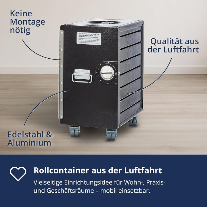 VanDeBord Bord Box XL mit Rollen Schwarz, grosser Rollcontainer, original Flugzeugmöbel aus der Luft