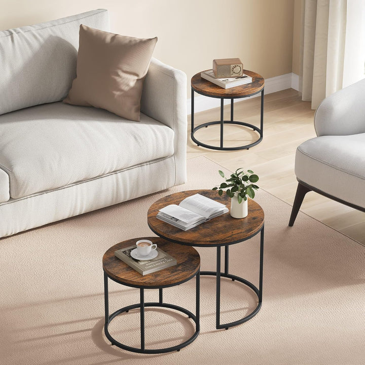 FORTENA 2er Set Couchtische, Schwarze oder goldene Metallbeine, Industrial-Stil, Raund (Rustikal – S