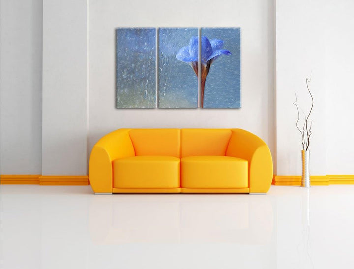 Pixxprint Blaue Frühlingsblume mit Tautropfen Kunst Buntstift Effekt 3-Teiler Leinwandbild 120x80 Bi