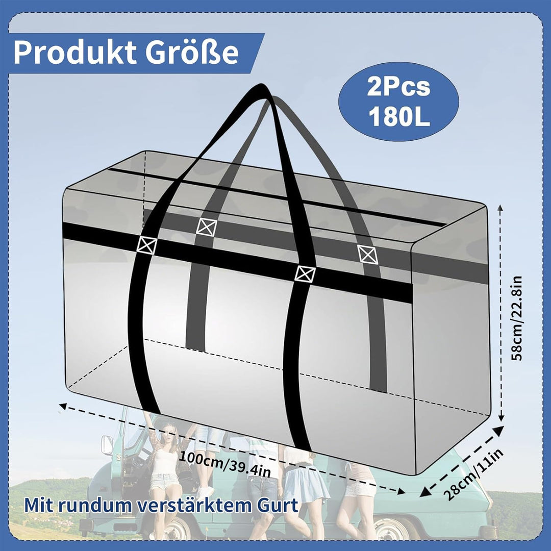 2 Stück Extra Grosse 180L Umzugstaschen, Robuste Oxford Aufbewahrungstaschen mit Reissverschluss &amp; V