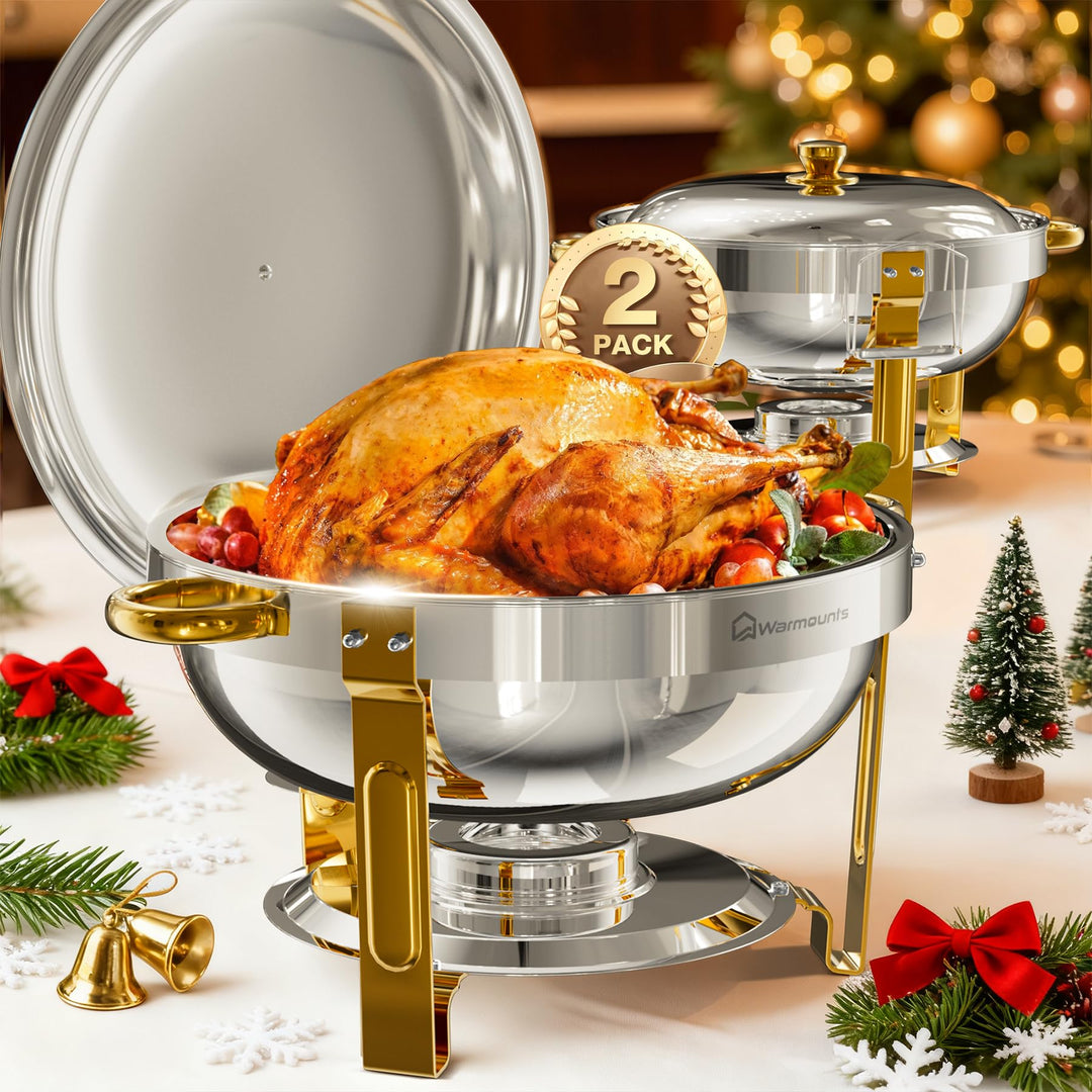 WARMOUNTS Chafing Dishes für Buffet 5L 2er Set Silber &amp; Gold, Lebensmittelqualität Edelstahl Chafers