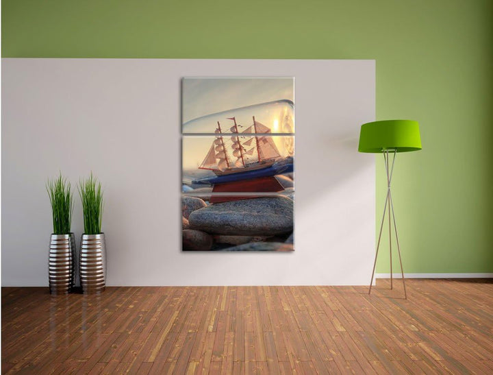 Pixxprint Flasche mit Schiff als Leinwandbild | Grösse: 3 Teilig (120x80) | Wandbild| Kunstdruck | f