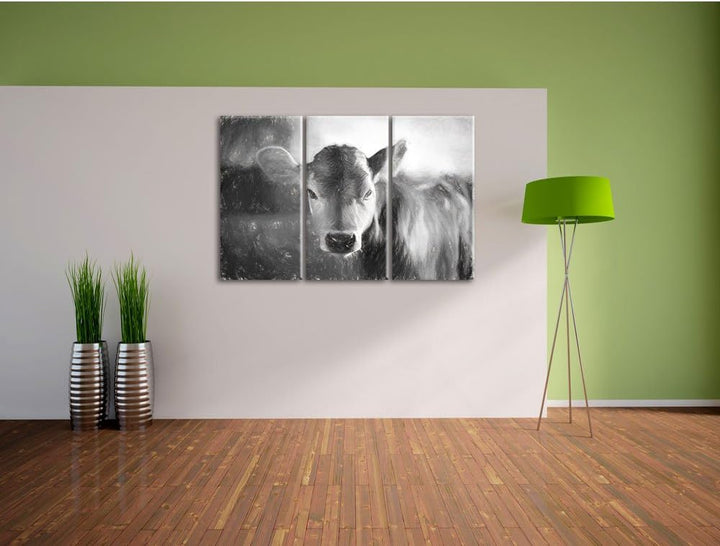 Pixxprint Junge Kuh Kälbchen Kunst Kohle Effekt 3-Teiler Leinwandbild 120x80 Bild auf Leinwand