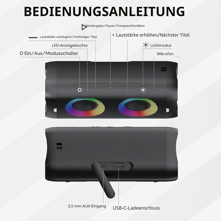 DONOW Bluetooth Lautsprecher mit Licht, 30W Stereo Sound, Musikbox Bluetooth Box mit IPX5 wasserdich