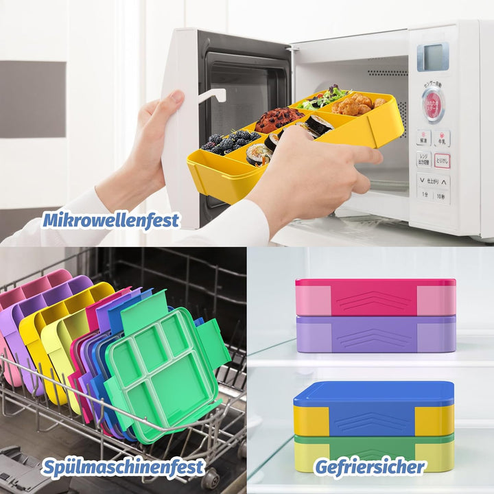 Brotdose Kinder mit Fächern 1300ml, Lunchbox für Kinder, Bento Box mit 5 Fächern Besteckset, auslauf