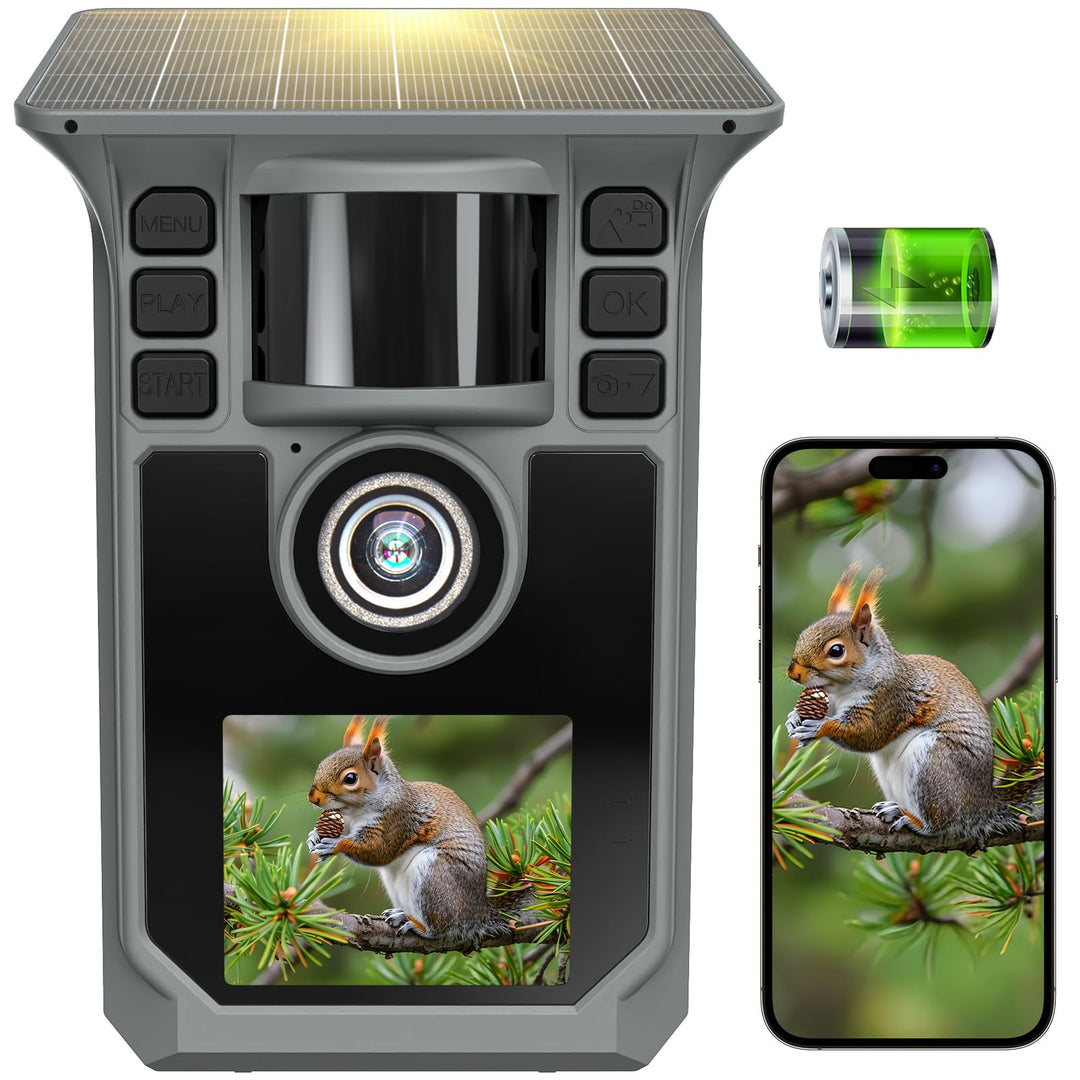 Wildkamera mit Handyübertragung APP, 4K 64MP Solar WLAN Bluetooth Eingebaute 5000mAh, Wildkamera mit