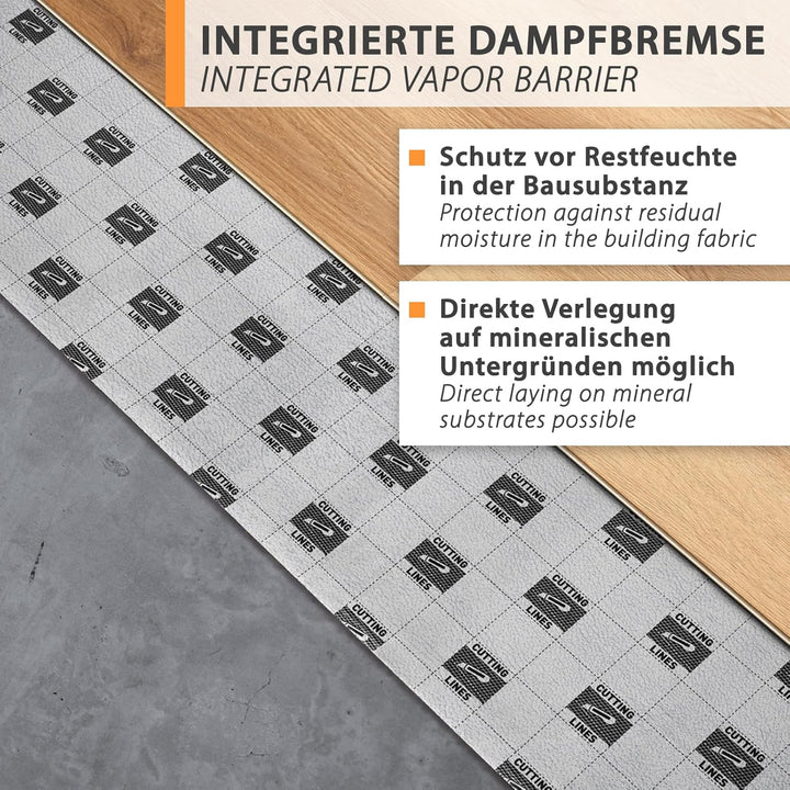 42m² Trittschalldämmung 3mm mit AquaStop, Verlegeunterlage für Parkett & Laminat, Heizfilm-Unterlage