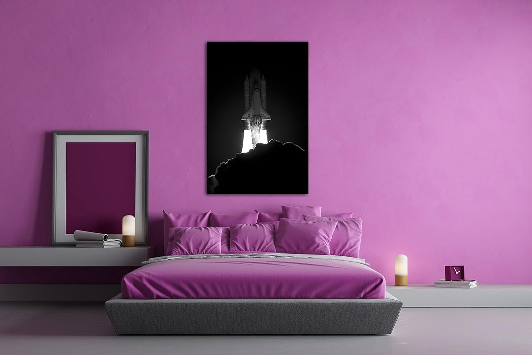 deyoli startende NASA Rakete Effekt: Schwarz/Weiss Format: 80x60 als Leinwand, Motiv fertig gerahmt