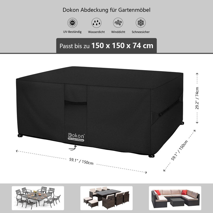 Dokon Abdeckung für Gartenmöbel Wasserdicht, 150x150x74cm, Gartentisch Schutzhülle mit Belüftungsöff