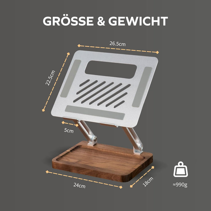 muso wood Laptop Ständer Holz Höhenverstellbar - aus Aluminium und Walnussholz - Universal Notebook