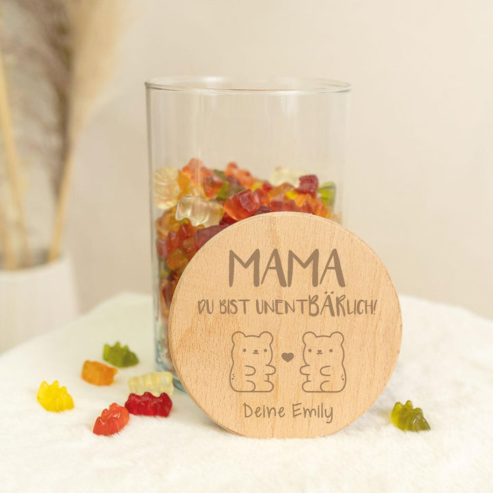 GRAVURZEILE Vorratsglas mit graviertem Holzdeckel - UnentBÄRlich Mama - Personalisiert mit Name - Ke