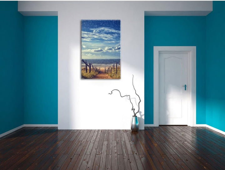 Pixxprint Weg zum Strand am Meer Kunst Buntstift Effekt, Format: 100x70 auf Leinwand, 100x70