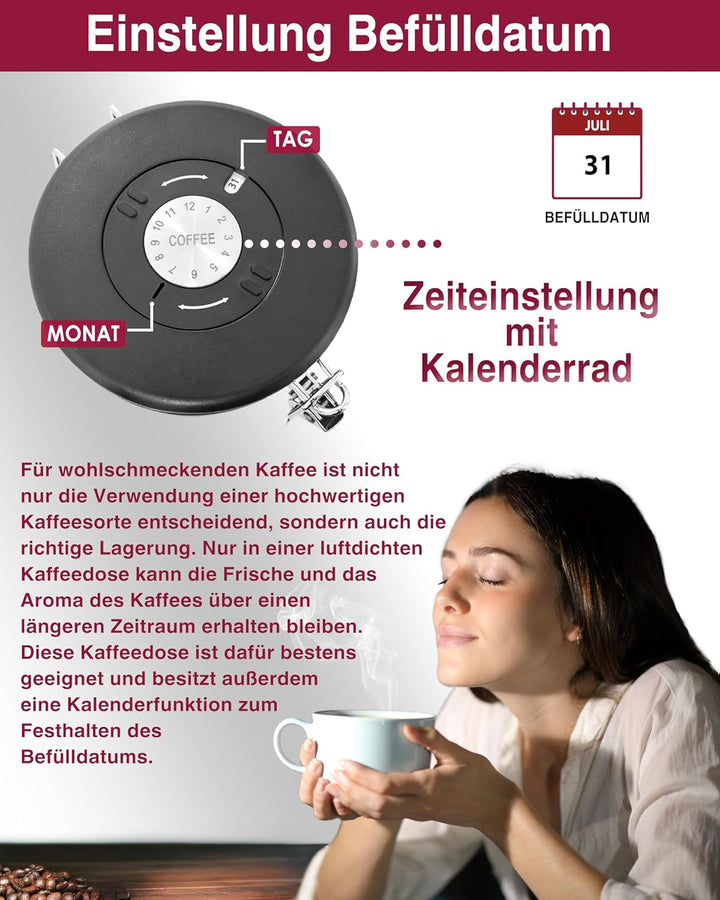 Kaffeedose luftdicht 500g - Weiss - Kaffeebohnen Vorratsbehälter 1,5L aus Edelstahl mit Kalenderfunk