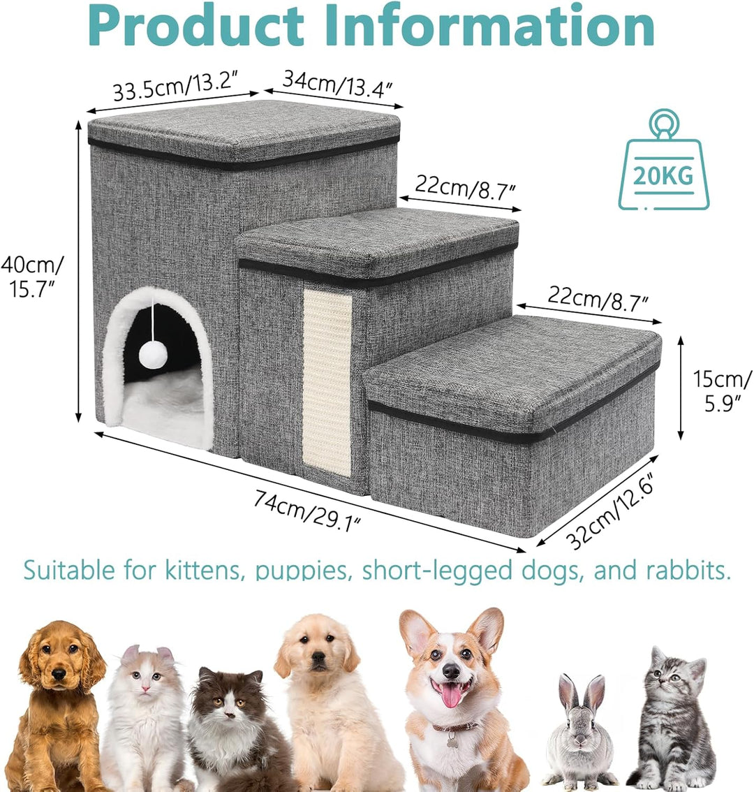 Newthinking Hundetreppe 3 Stufen mit Stauraum, rutschfeste &amp; Faltbare Treppe für kleine Hunde, älter