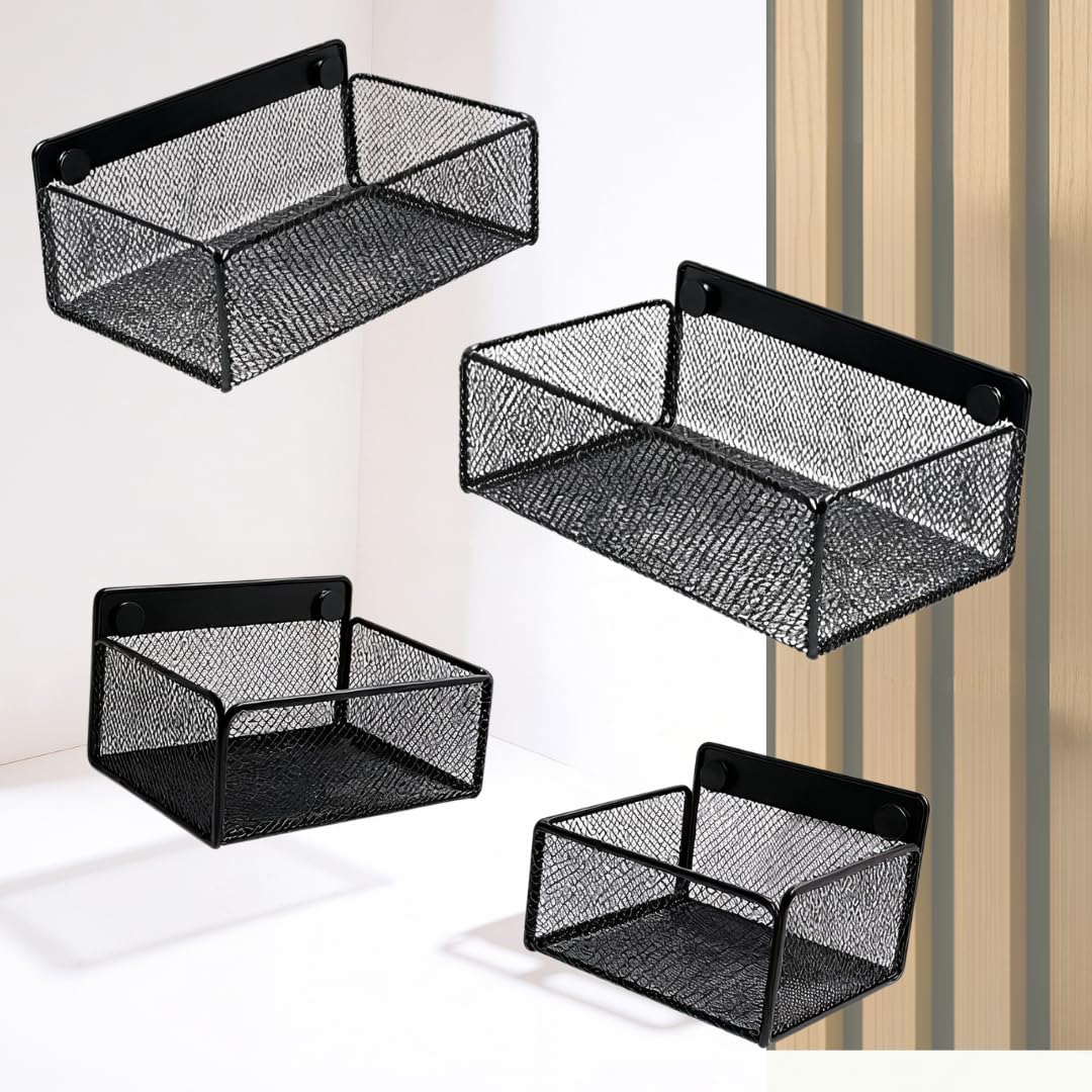 Wandkorb Metall schwarz– Metallverschraubung – kein Bohren – Zubehör für Akustikpaneele (4er Set, Kö