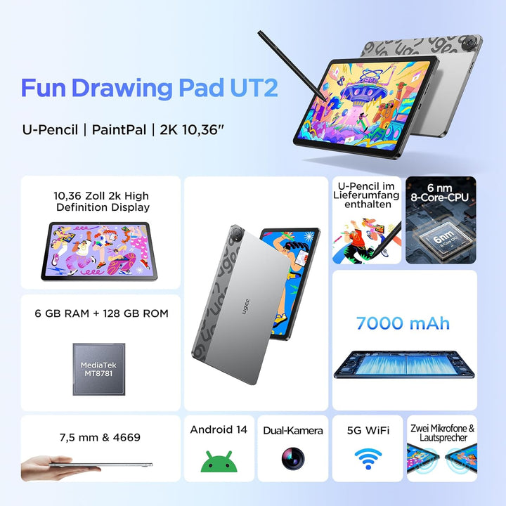 UGEE UT2 Fun Drawing Pad Standalone No Computer Needed mit 10,36 Zoll 2K Display und NanoMatte Finis