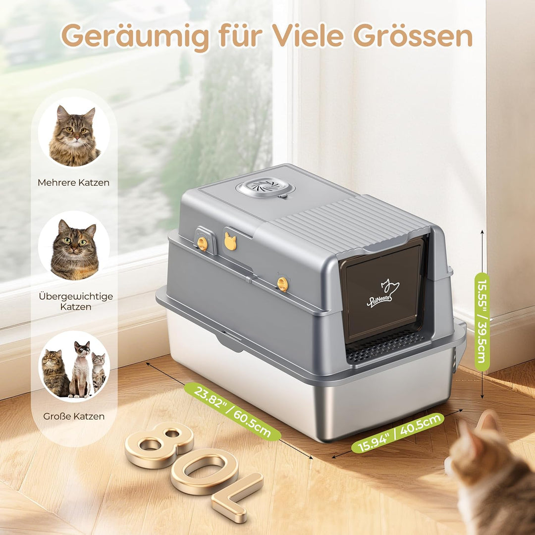 Edelstahl-Katzentoilette mit Deckel, XXL Katzenklo Edelstahl mit 105° -Klappe und Schaufel, 3-in-1 K