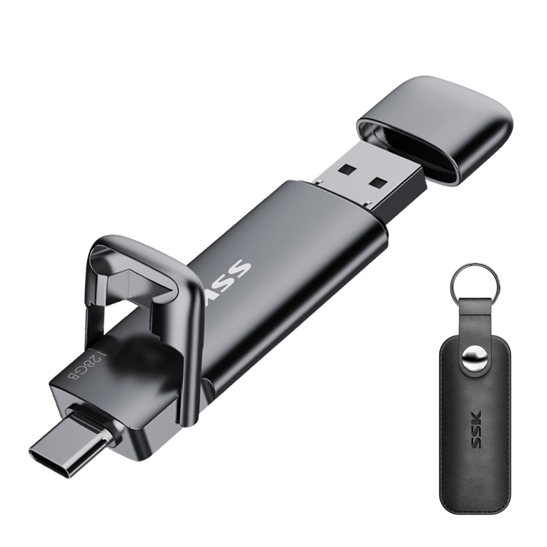 SSK USB C Externe SSD 128GB, mit bis zu 550 MB/s Extreme schneller USB-Stick, Dual-USB Typ C + USBA