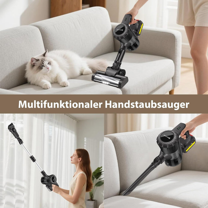 Akku Staubsauger 500W 45000Pa 45Min Akkustaubsauger Kabellos mit Licht, Anti-Tangle-Bürste, Superlei