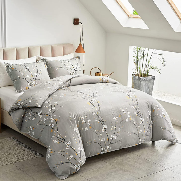 Lanqinglv Bettdecke 135x200 Ganzjahresdecke 4 Jahreszeiten,Grau Weiss Blätter Blumenmuster Steppdeck