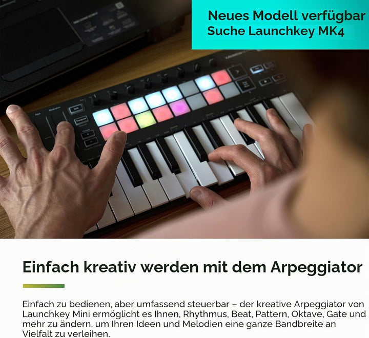 Novation Launchkey Mini [MK3] – Tragbarer USB/MIDI-Keyboard-Controller mit 25 Tasten und DAW-Integra