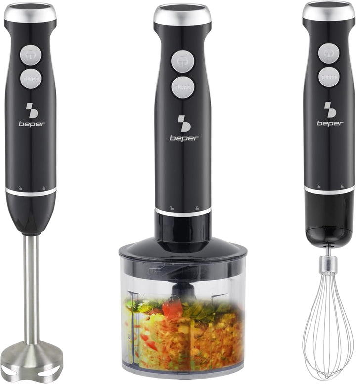 BEPER P102FRU151 4-in-1-Stabmixer, Multifunktionsmixer mit 500-ml-Zerkleinerer, Schneebesen, 700-ml-